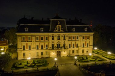 Drone view of Pszczyna Castle in night illumination, Pszczyna, Silesian Voivodeship,Poland,Europe
