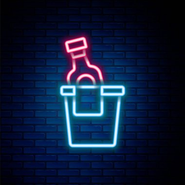 Duvarda izole edilmiş buz kovası ikonunda parlayan neon hattı şampanya şişesi. Renkli taslak konsepti. Vektör.