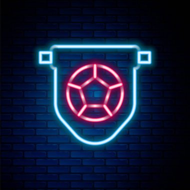 Parlayan neon hattı futbol ya da futbol bayrağı simgesi tuğla duvar arkasında izole edilmiş. Renkli taslak konsepti. Vektör.