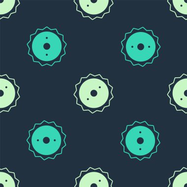 Yeşil ve bej renkli testere bıçak ikonu mavi arka planda izole edilmiş pürüzsüz desen. Testere tekerleği. Vektör.