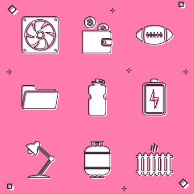 Bilgisayar soğutuculu cüzdanı Amerikan futbolu klasörü spor şişe suyu ve pil ikonu ile ayarla. Vektör.