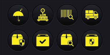 Kutu güvenlik kalkanı kamyonunu paket işaretli arama paket barkod karton, şemsiye ve yağmur damlaları simgesiyle ayarla. Vektör.