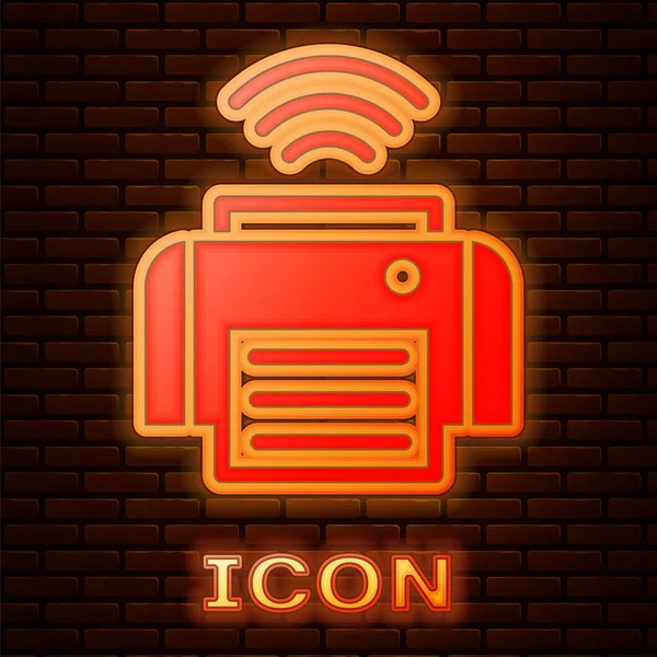 Glowing Neon Smart Printer System Icon Isolated Brick Wall Background — Vetor de Stock