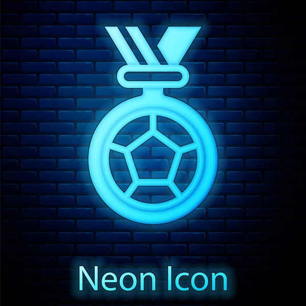 Glödande Neon Fotboll Eller Fotboll Medalj Ikon Isolerad Tegel Vägg — Stock vektor