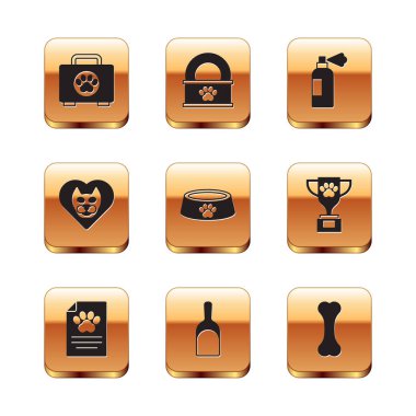 Pet ilk yardım çantasını hazırla klinik evcil hayvan faraş yemek kasesi kalbi kedi şampuanı köpek kemiği ve konserve ikonu. Vektör.