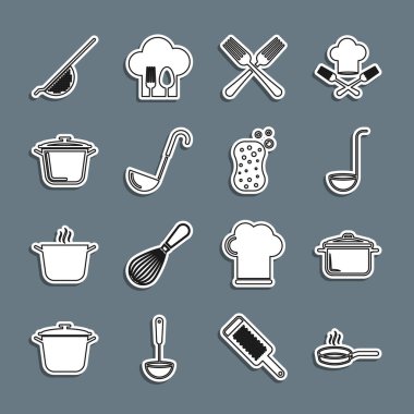 Kızartma tavası pişirme, mutfak kepçesi çapraz çatal süzgeci ve köpük ikonlu sünger. Vektör.