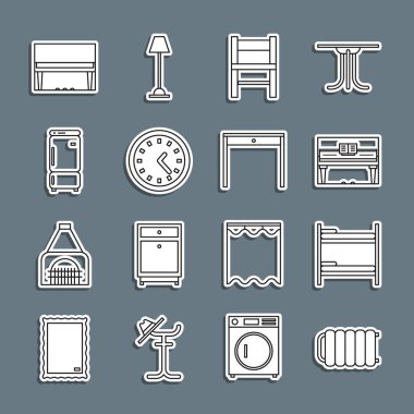 Kalorifer kaloriferi ranzası, piyano koltuğu, buzdolabı ve ahşap masa ikonu ayarlayın. Vektör.