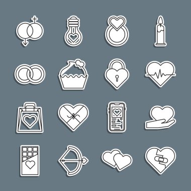 Kırık Kalbi İyileştiren Hattı, el çabukluğuyla Cinsiyet ve Kale şekilli düğün yüzükleri pastası. Vektör.