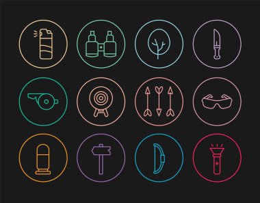 Flashlight Glass Tree Target spor ıslık biber gazı spreyi, hippi okları ve dürbün ikonu. Vektör.