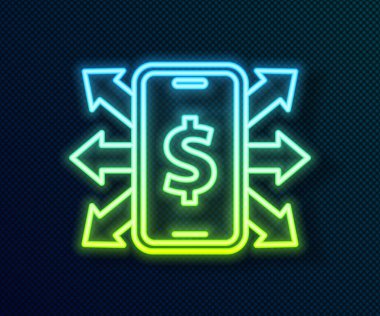 Siyah arkaplanda dolar sembolü olan parlak neon hattı Smartphone. İnternetten alışveriş konsepti. Finansal cep telefonu simgesi. Çevrimiçi ödeme. Vektör.