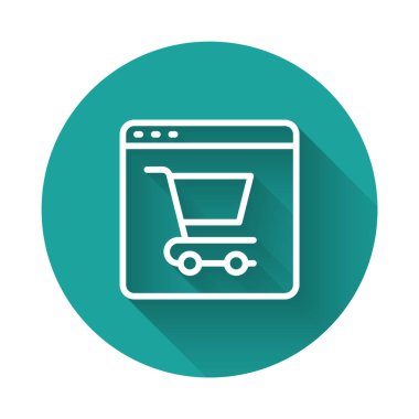 Beyaz Hat Çevrimiçi uzun gölge arkaplan izole ekran simgesinden alışveriş. Konsept e-ticaret, e-ticaret, online iş pazarlama. Yeşil daire düğmesi. Vektör.