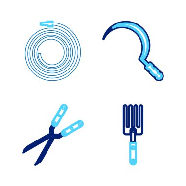 Hat, bahçe çatalı, el yapımı makas kovası ve hortum yangın hortumu ikonu. Vektör.