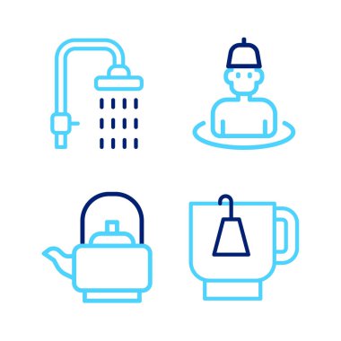 Çay poşeti çaydanlık saplı çay bardağını sauna ve duş ikonundaki adama ayarla. Vektör.