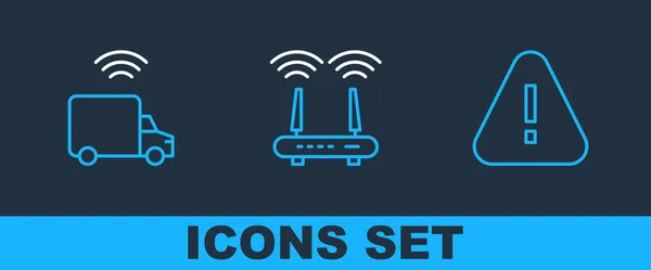 Set Line Uitroepteken Driehoek Smart Truck Router Signaal Icoon Vector — Stockvector