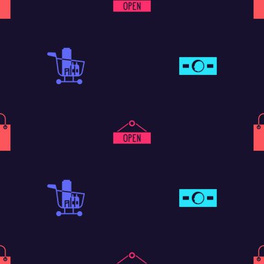 Kâğıt para, alışveriş arabası ve yiyecek ayarlayın. Açık ve alışveriş çantalarını kusursuz bir şekilde asın. Vektör.