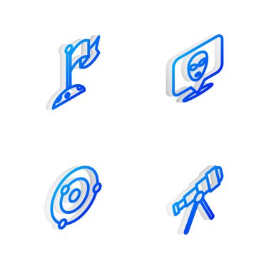 Isometric hattı Alien, bayrak, güneş sistemi ve teleskop simgesiyle Ay 'ı ayarla. Vektör.