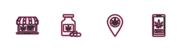 Set Line Compra Online Marihuana Ubicación Botella Médica Con Icono — Vector de stock