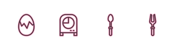 设置线断蛋Teaspoon厨房定时器和烧烤叉子图标 — 图库矢量图片