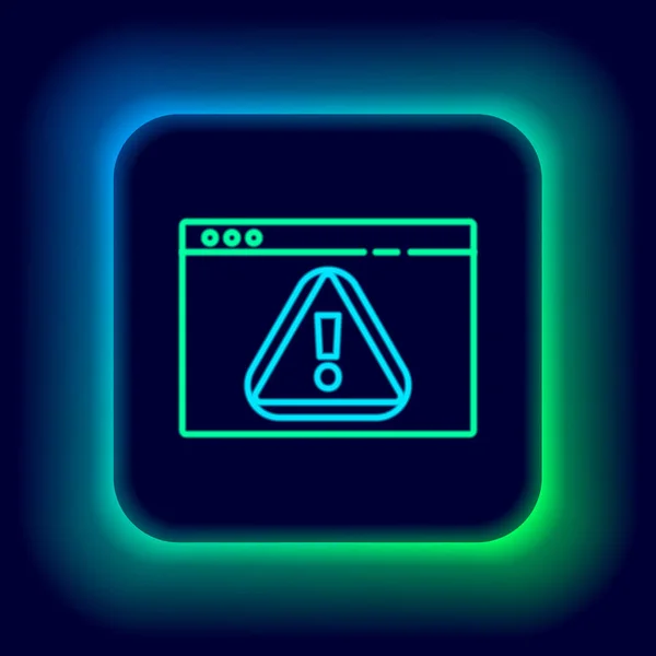 Leuchtender Neon Line Browser Mit Ausrufezeichen Symbol Auf Schwarzem Hintergrund — Stockvektor