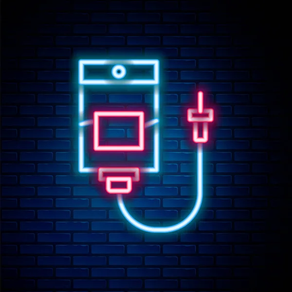 Leuchtende Neon Line Tasche Symbol Isoliert Auf Backsteinwand Hintergrund Blutbeutel — Stockvektor