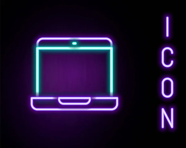 Linea Fluorescente Icona Del Computer Portatile Isolato Sfondo Nero Quaderno — Vettoriale Stock