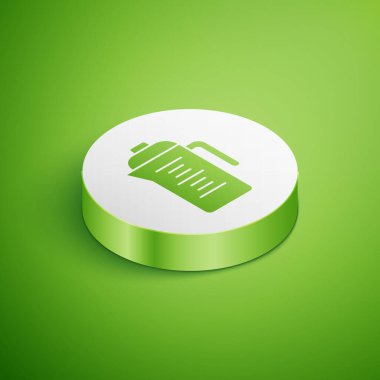 Isometric Teapot simgesi yeşil arkaplanda izole edildi. Beyaz daire düğmesi. Vektör.