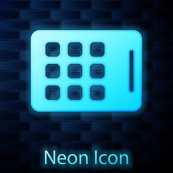 Zářící Neon Grafický Tablet Ikona Izolované Pozadí Cihlové Zdi Vektor — Stockový vektor
