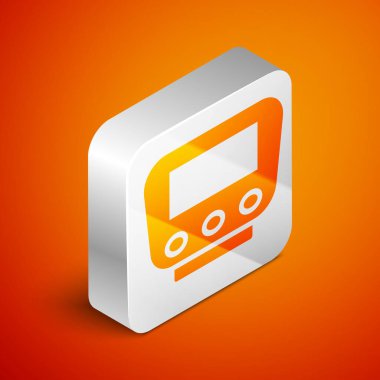 Turuncu arka planda izole edilmiş Isometric bisiklet hız göstergesi simgesi. Gümüş kare düğme. Vektör.