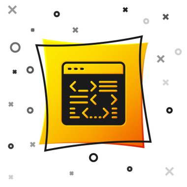 Siyah Yazılım, Web Geliştirici programlama kodu simgesi beyaz arkaplanda izole edildi. Program kodunun rastgele bilgisayar betiği parçalarını Javascript et. Sarı kare düğme. Vektör.