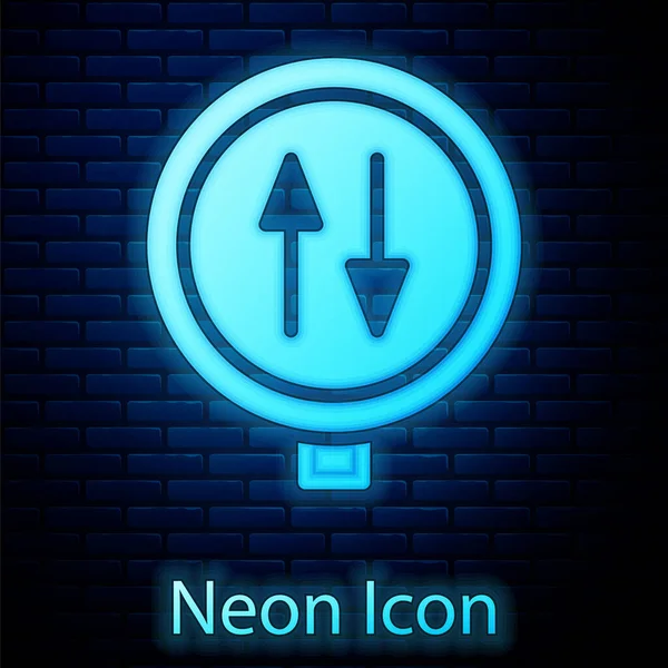 Gloeiende Neon Verkeersbord Waarschuwing Tweerichtingsverkeer Pictogram Geïsoleerd Bakstenen Muur Achtergrond — Stockvector
