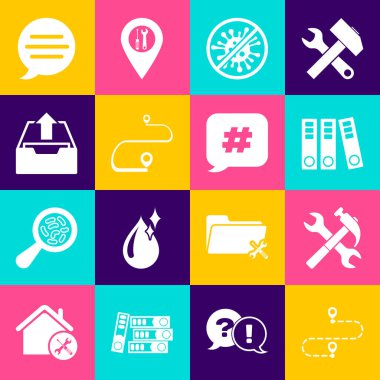 Rotayı ayarla çapraz çekiç ve ingiliz anahtarı ofis klasörleri Virüs bakterilerini durdurun Gelen kutucuğu sohbetini yükleyin ve Hashtag konuşma simgesi. Vektör.