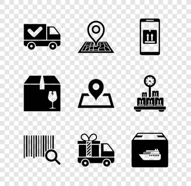 Kargo kamyonunu harita işaretli yer tutucu ile birlikte Mobil uygulama ile arama barkod hediye kutuları kırılgan içerik ve simgesini izleyerek ayarla. Vektör.