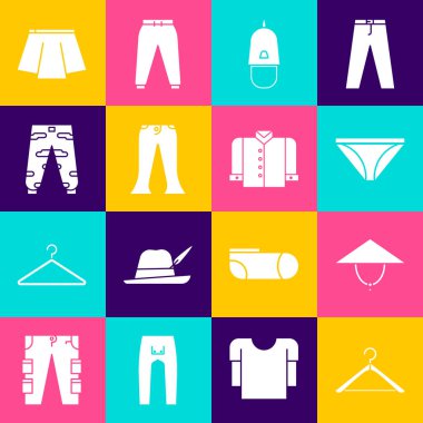 Asyalı elbise dolabı, Asyalı konik şapka, erkek iç çamaşırı polis şapkası, papağan pantolonu kamuflaj eteği ve tişört ikonu. Vektör.