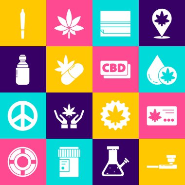 Sigara piposu takvimi ve marihuana yaprağı marihuana ya da esrar zeytinyağı rulo kâğıt hapları esrarlı ve kenevir molekülü ikonlu. Vektör.