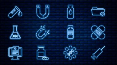 Şırınga çapraz bandajlı tıbbi ampul magnetini yıldırım DNA araştırma tüpü kan ve ikon testi tüpüyle ayarla. Vektör.