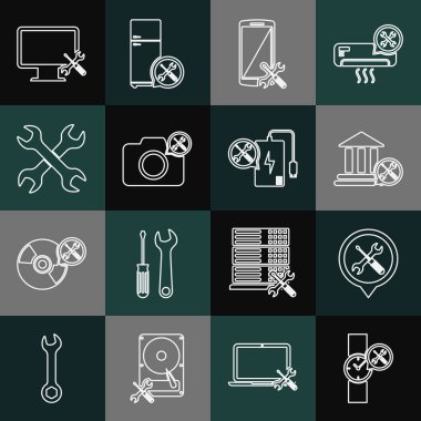 Hat Wrist izleme servisi konum bankası binası Smartphone kamera çapraz anahtarlar bilgisayar monitörü ve elektrik bankası simgesi. Vektör.