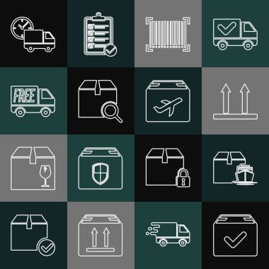 Satır Paket kutusunu işaretli kargo kutuları ile ayarlayın Bu tarafta Barkod Arama paketi ücretsiz dağıtım servisi teslimat kamyonu ve saat ve uçak karton simgesi. Vektör.