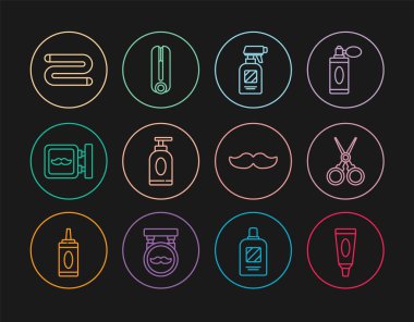 Çizgi krem ya da losyon kozmetik tüp makas kuaför tabanca sprey şişesi berber havlucu bıyığı ve saç maşası ikon için saç maşası. Vektör.