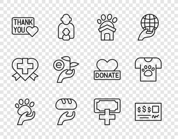 stock vector Set line Animal volunteer Bank check shelter house Donation food Thank you with heart Leaf in hand charity and icon. Vector.