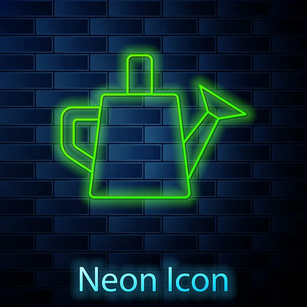 Glowing Neon Line Watering Can Icon Isolated Brick Wall Background — Stock Vector