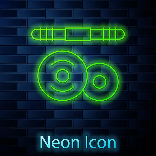 Leuchtende Neon Linie Langhantel Symbol Isoliert Auf Backsteinwand Hintergrund Muskellifting — Stockvektor