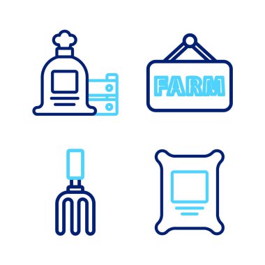 Sıralı gübre torbası, bahçe tırmığı, yazı çiftliği, çuval ve tahta kutu ikonlu tabela. Vektör