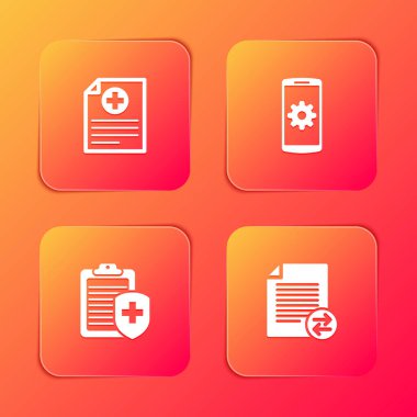 Klinik rekoru, akıllı telefondan ayarlama, sağlık sigortası ve transfer dosyaları simgesi olan pano. Vektör.