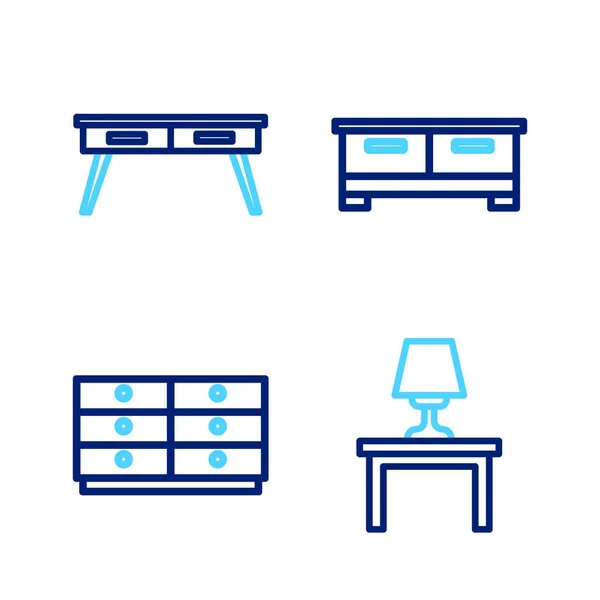 Set Line Table Lamp Table Chest Drawers Office Desk Icon — Stock Vector
