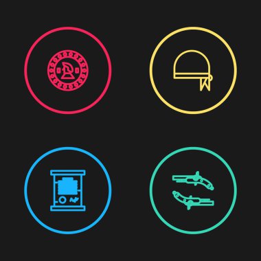 Hüküm, parşömen, parşömen, eski tabancalar, kafa ve sikke simgesi olarak korsan bandana. Vektör.