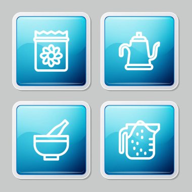 Bitki, su kovası, havan topu, tokmak ve ölçü kabı ikonu tohumlarıyla dolu bir sıra oluştur. Vektör