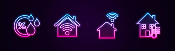 设置线路湿度 带无线网络的智能家居和室内温度 发光的霓虹灯图标 — 图库矢量图片