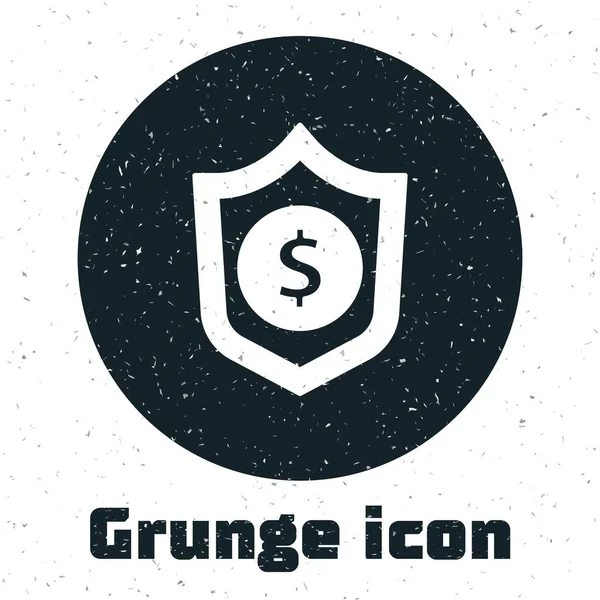Grunge Shield Met Dollarsymbool Pictogram Geïsoleerd Witte Achtergrond Beveiligingsschild Bescherming — Stockvector