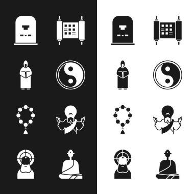 Yin Yang, Monk, Tombstone, RIP yazılı, Kehanet, kağıt, parşömen, parşömen, tespih dini, İsa Mesih, Budist keşiş ve ikon. Vektör