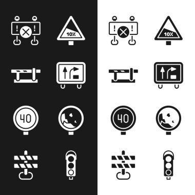 Trafik levhası, park yeri bariyeri, dik tırmanış ve iniş yolu hız limiti, kayanın düşmesi, trafik ışığı ve simge. Vektör